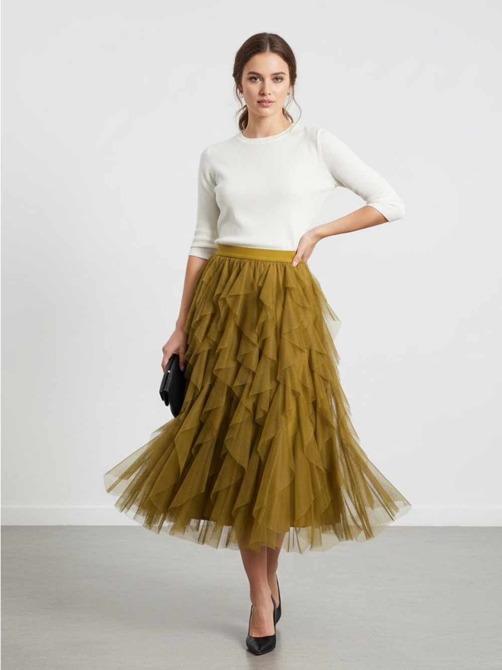 Chelsea & Violet Olive Ruffled Tulle Maxi Skirt